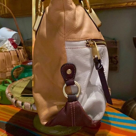 B Makowsky Cream/Brown/Caramel Smooth Leather Large Tote Shoulder Bag EUC - Picture 10 of 17